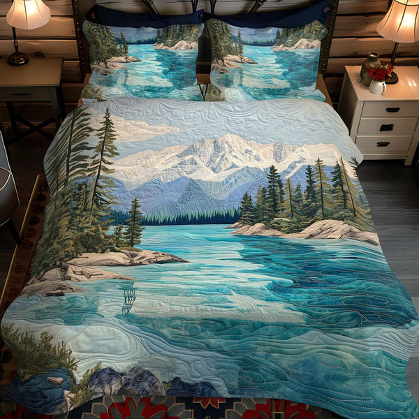 Lakeview Horizons quilted 3-piece bedding set on a made bed with two matching pillow shams