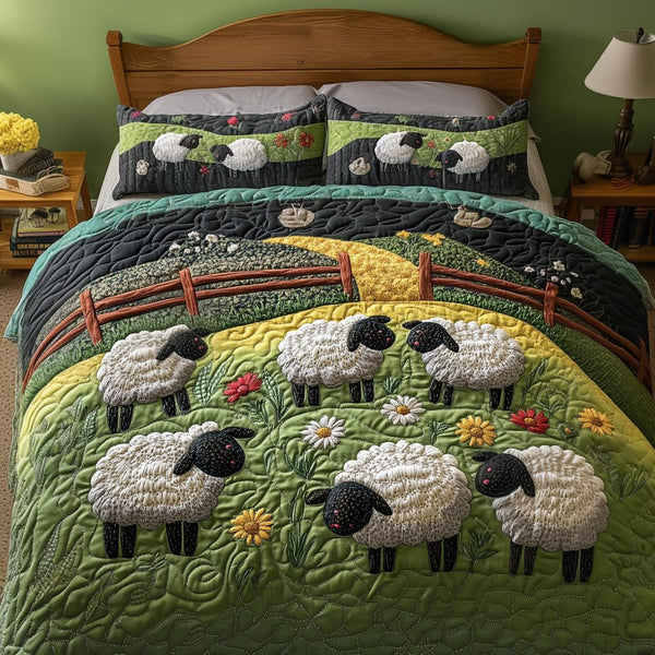 Lamb Love quilted 3-piece bedding set on a made bed with two matching pillow shams