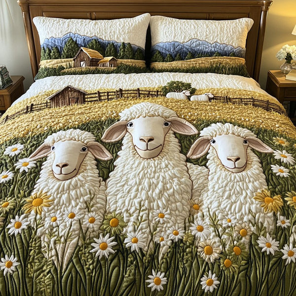 Lamb Meadow quilted 3-piece bedding set on a made bed with two matching pillow shams