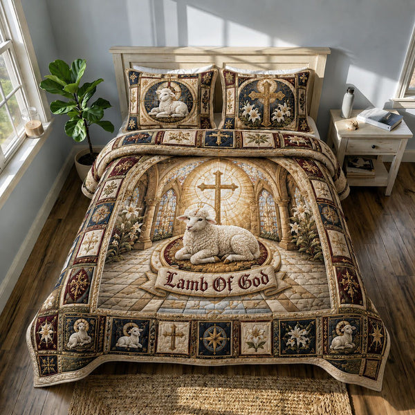 Lamb Of God quilted 3-piece bedding set on a made bed in a softly lit bedroom