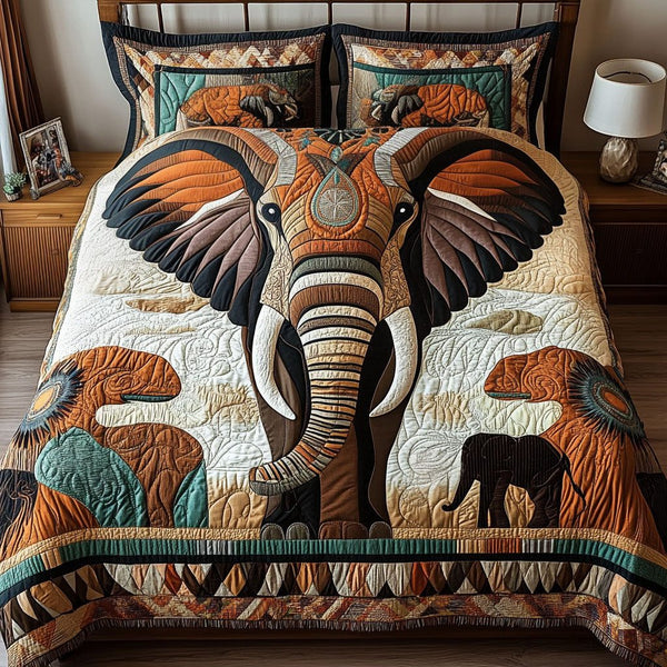 Land of Giants quilted 3-piece bedding set on a made bed with two matching pillow shams