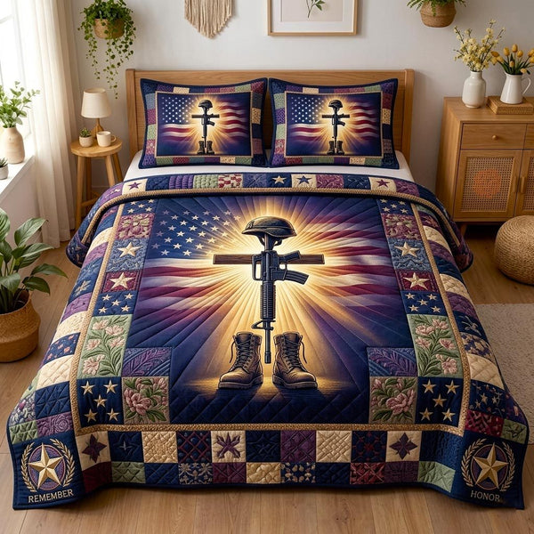 Land of Heroes quilted 3-piece bedding set on a made bed with two matching pillow shams