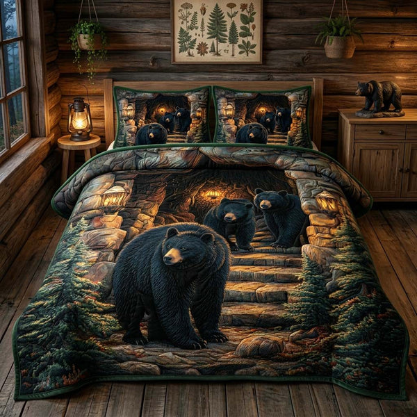 Lantern Bear quilted 3-piece bedding set on a made bed with two matching pillow shams