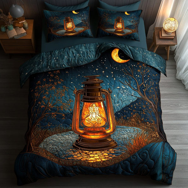 Lantern Dreams quilted 3-piece bedding set on a made bed with two matching pillow shams