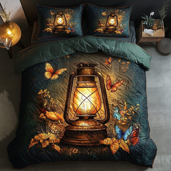 Lantern Glow quilted 3-piece bedding set on a made bed with two matching pillow shams