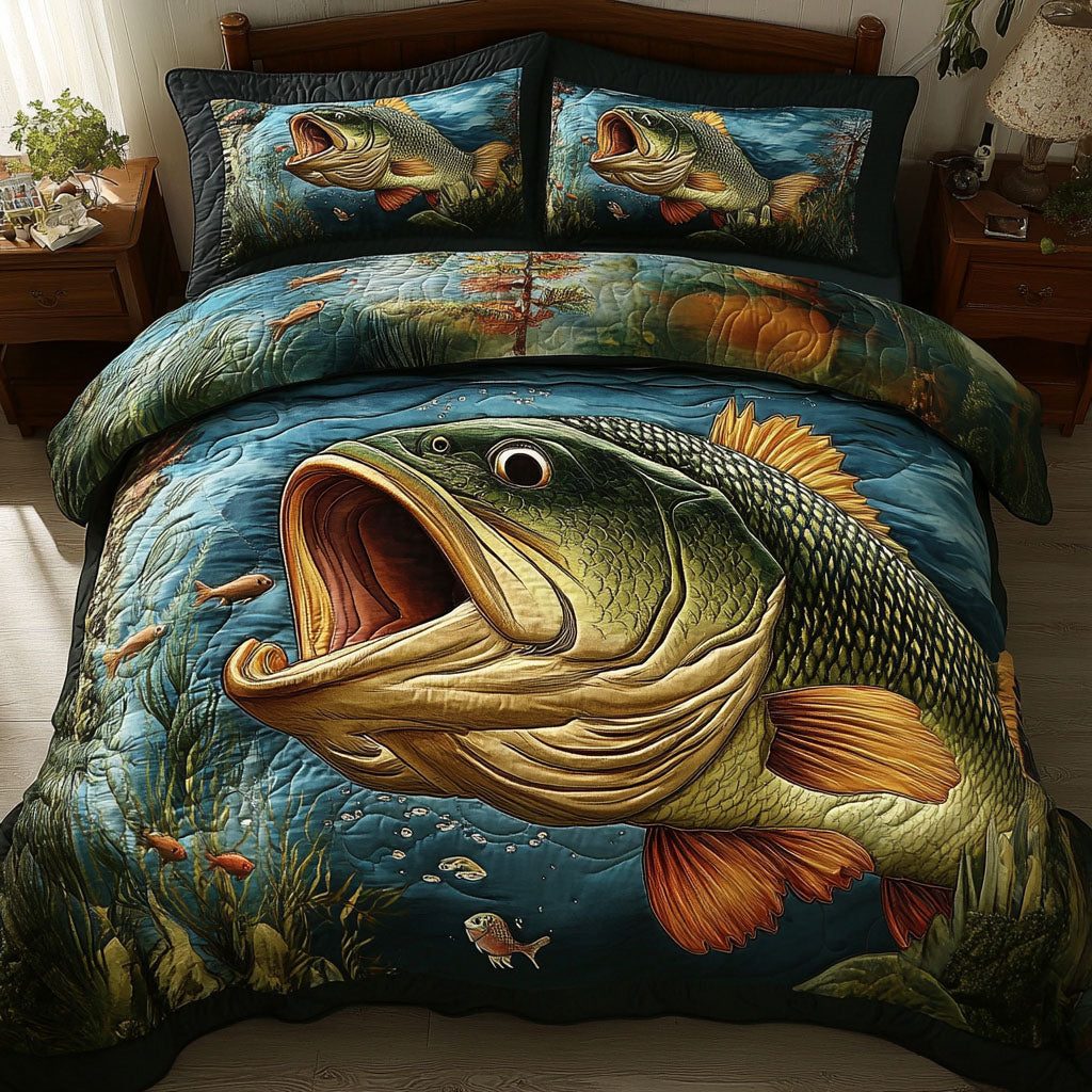 Largemouth Adventure quilted 3-piece bedding set on a made bed in a winter-styled bedroom