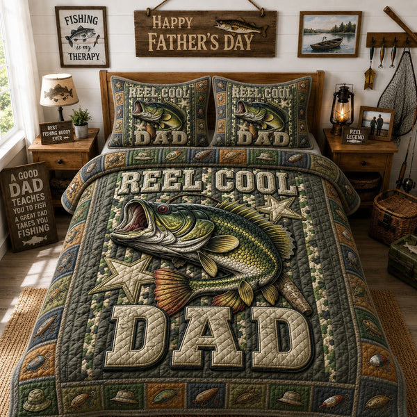 Largemouth Bass Dad quilted 3-piece bedding set on a made bed with two matching pillow shams