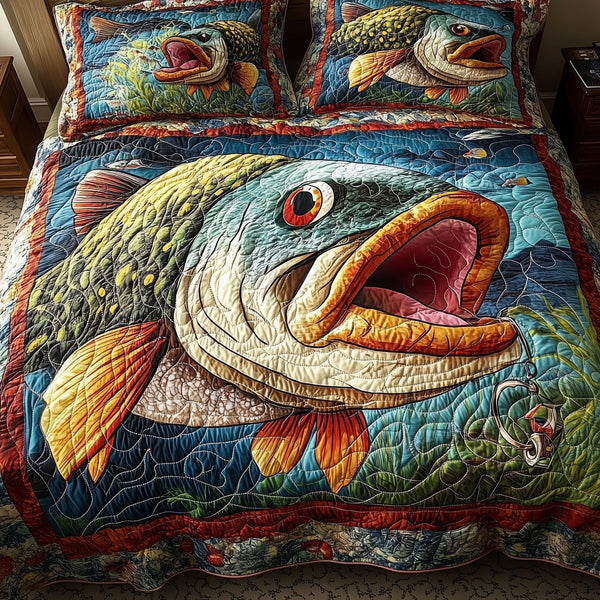 Largemouth Fishing quilted 3-piece bedding set on a made bed with two matching pillow shams
