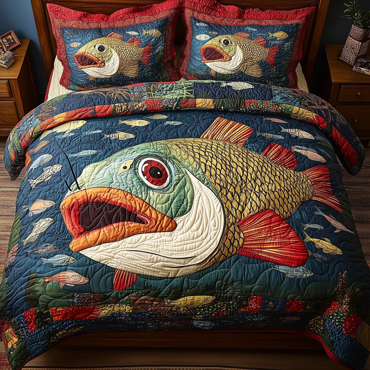 Largemouth Fishing quilted 3-piece bedding set on a made bed with two matching pillow shams
