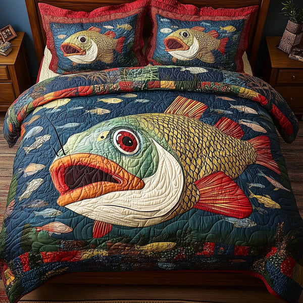 Largemouth Fishing quilted 3-piece bedding set on a made bed with two matching pillow shams