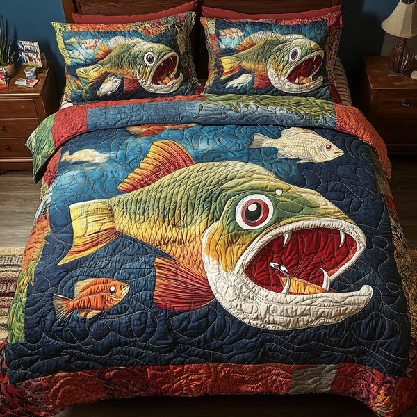 Largemouth Fishing quilted 3-piece bedding set on a made bed with two matching pillow shams