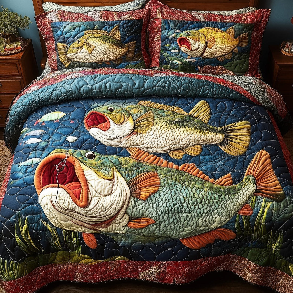 Largemouth Fishing quilted 3-piece bedding set on a made bed with two matching pillow shams