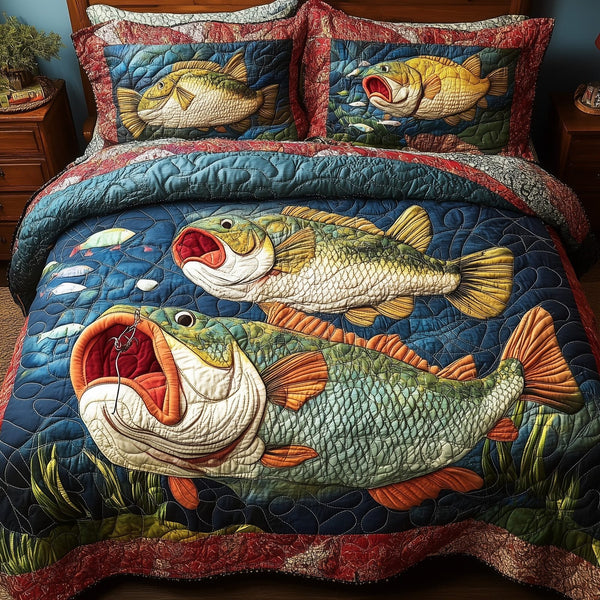 Largemouth Fishing quilted 3-piece bedding set on a made bed with two matching pillow shams