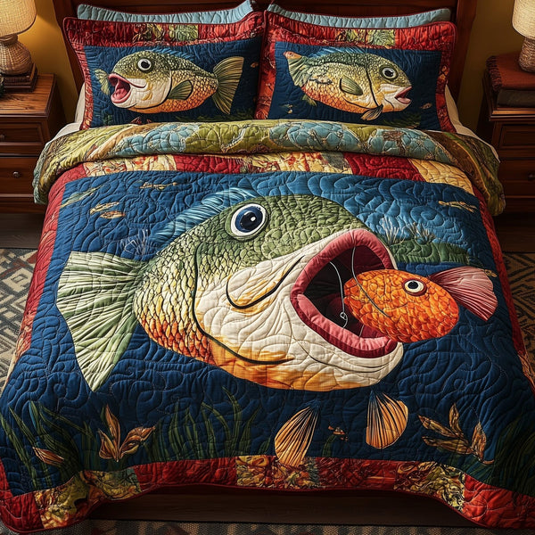 Largemouth Fishing quilted 3-piece bedding set on a made bed with two matching pillow shams