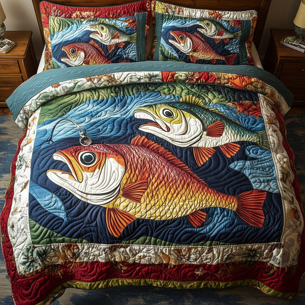 Largemouth Fishing quilted 3-piece bedding set on a made bed with two matching pillow shams