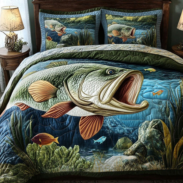Largemouth King quilted 3-piece bedding set on a made bed with two matching pillow shams