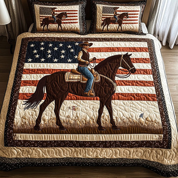 Lasso Dreams quilted 3-piece bedding set on a made bed in a rustic timber bedroom