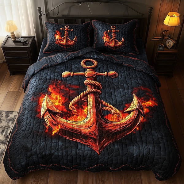 Lava Anchor quilted 3-piece bedding set on a made bed in a light coastal bedroom