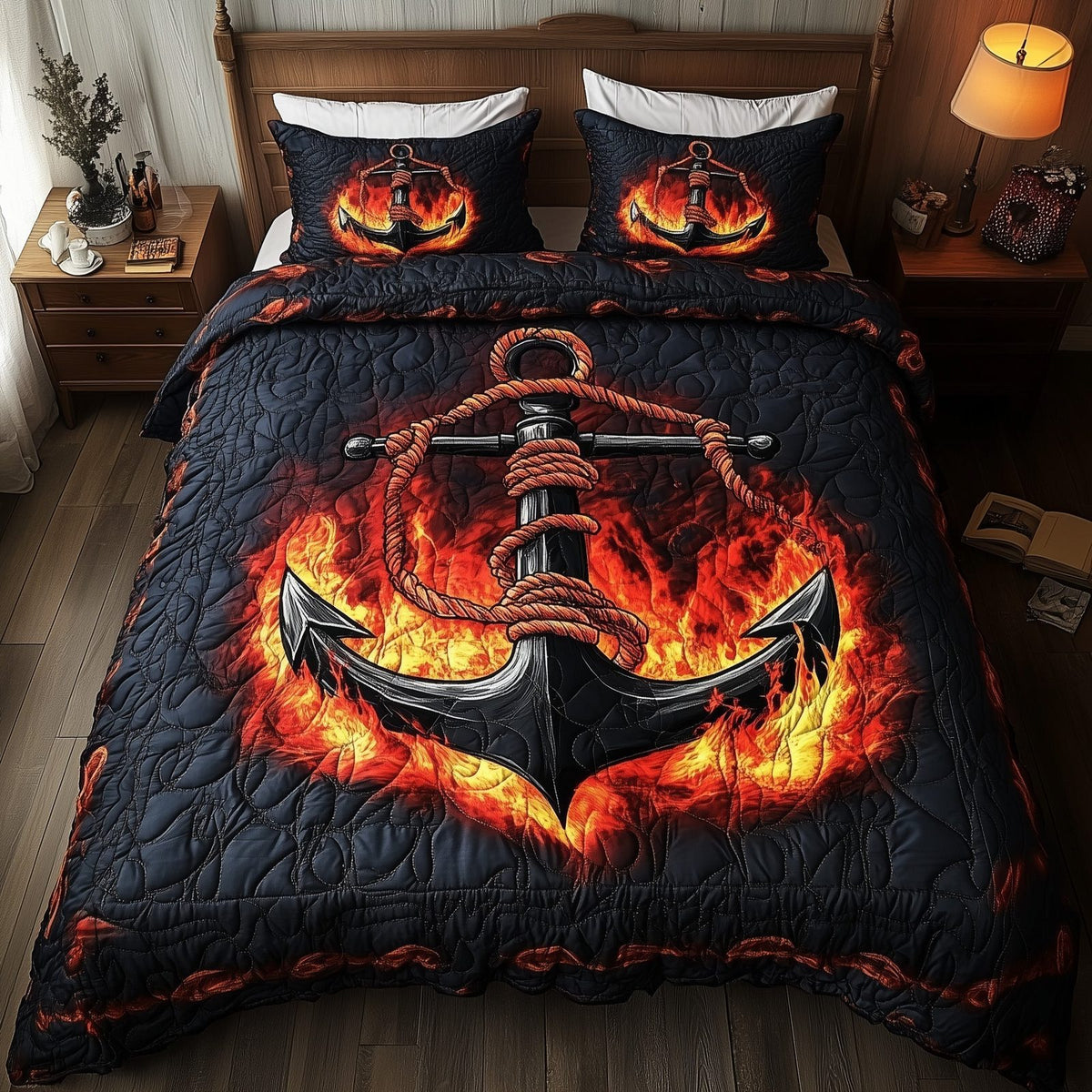 Lava Anchor quilted 3-piece bedding set on a made bed in a light coastal bedroom