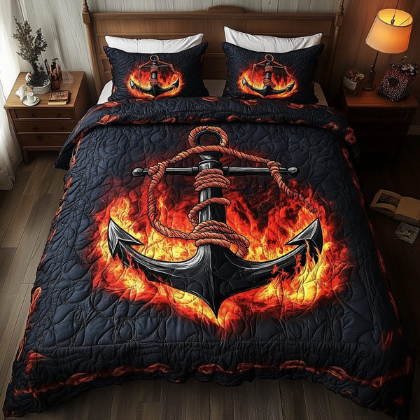 Lava Anchor quilted 3-piece bedding set on a made bed in a light coastal bedroom
