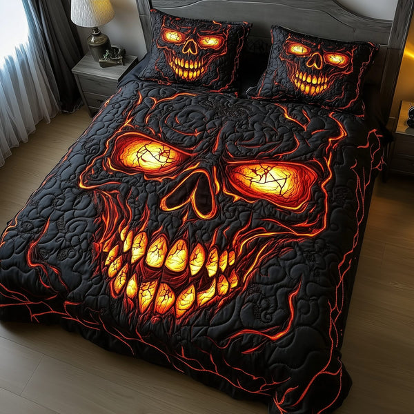 Lava Crack Skull quilted 3-piece bedding set on a made bed against a dark styled interior