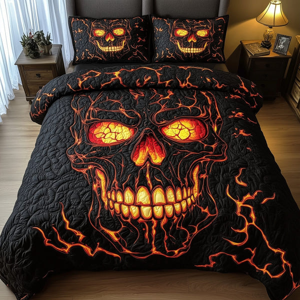 Lava Crack Skull quilted 3-piece bedding set on a made bed against a dark styled interior