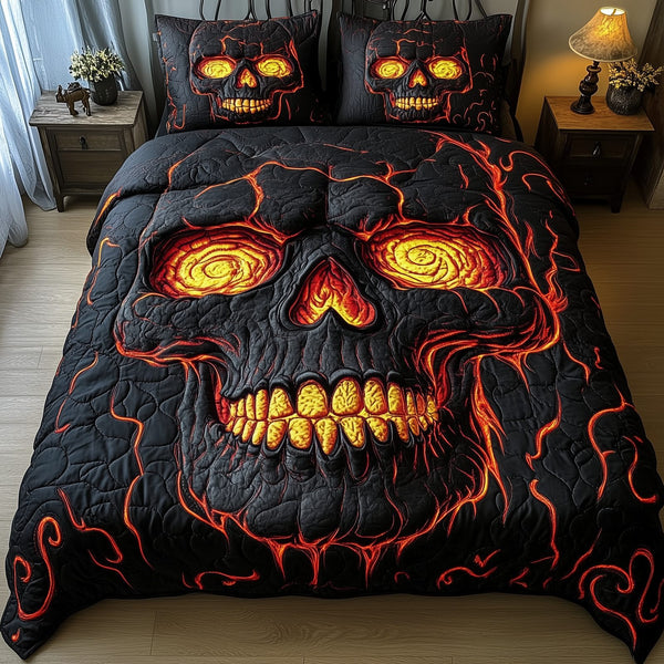 Lava Crack Skull quilted 3-piece bedding set on a made bed against a dark styled interior