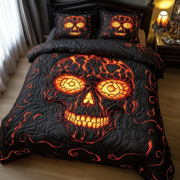 Lava Crack Skull quilted 3-piece bedding set on a made bed against a dark styled interior