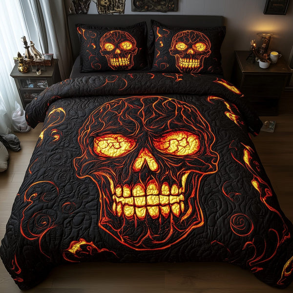 Lava Crack Skull quilted 3-piece bedding set on a made bed against a dark styled interior