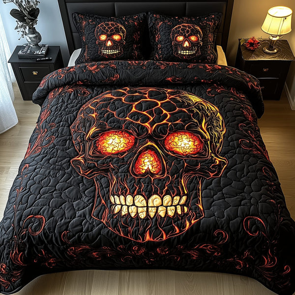 Lava Crack Skull quilted 3-piece bedding set on a made bed against a dark styled interior