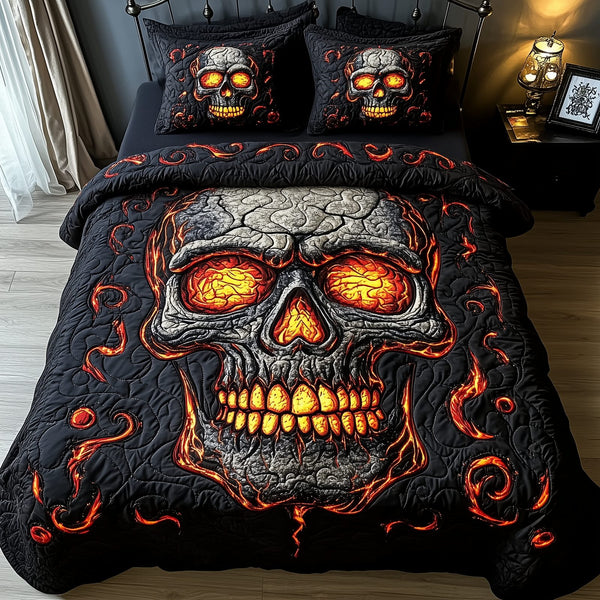 Lava Crack Skull quilted 3-piece bedding set on a made bed against a dark styled interior