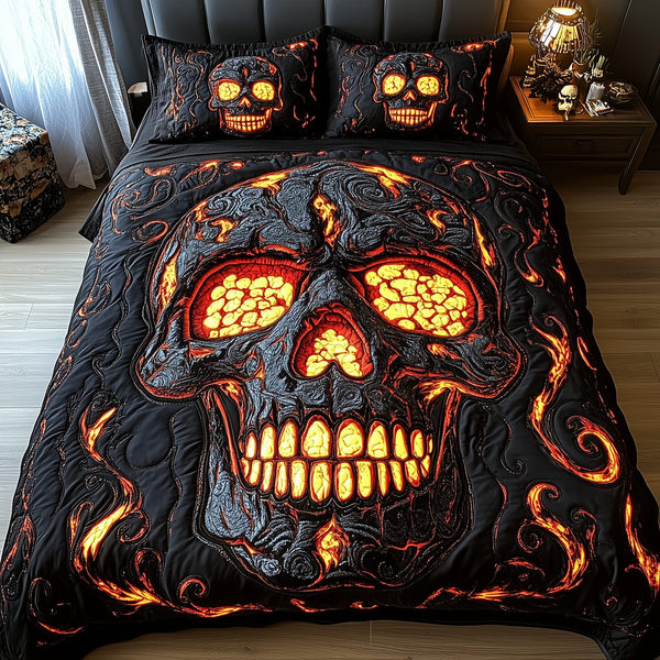 Lava Crack Skull quilted 3-piece bedding set on a made bed against a dark styled interior
