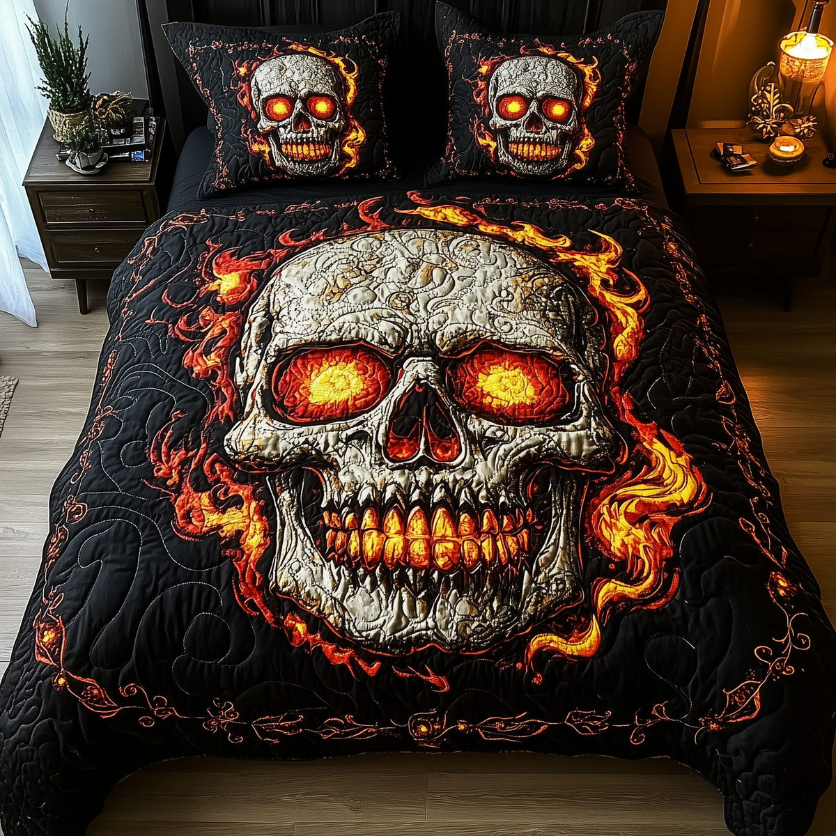 Lava Crack Skull quilted 3-piece bedding set on a made bed against a dark styled interior