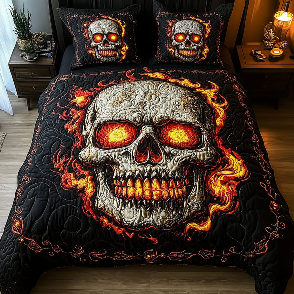 Lava Crack Skull quilted 3-piece bedding set on a made bed against a dark styled interior