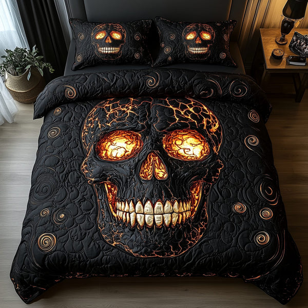 Lava Crack Skull quilted 3-piece bedding set on a made bed against a dark styled interior