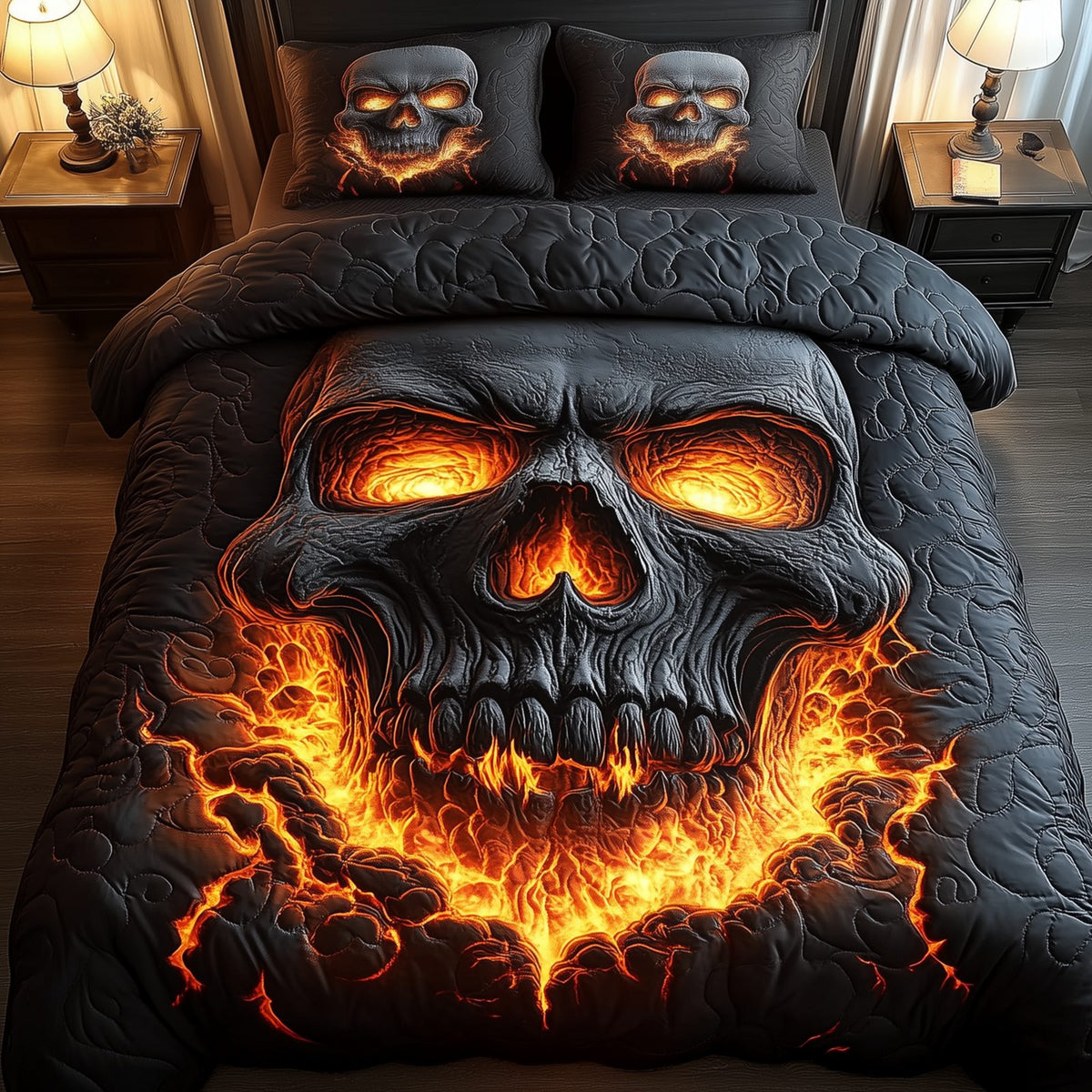 Lava Skull quilted 3-piece bedding set on a made bed against a dark styled interior