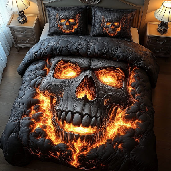 Lava Skull quilted 3-piece bedding set on a made bed against a dark styled interior
