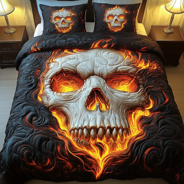 Lava Skull quilted 3-piece bedding set on a made bed against a dark styled interior