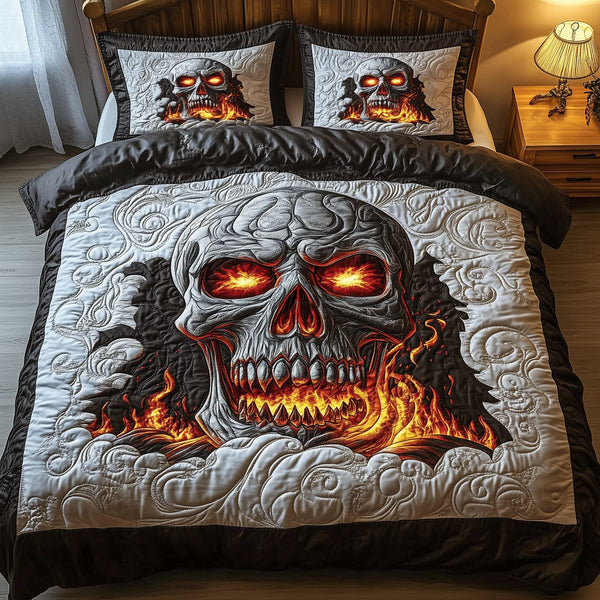 Lava Skull quilted 3-piece bedding set on a made bed against a dark styled interior