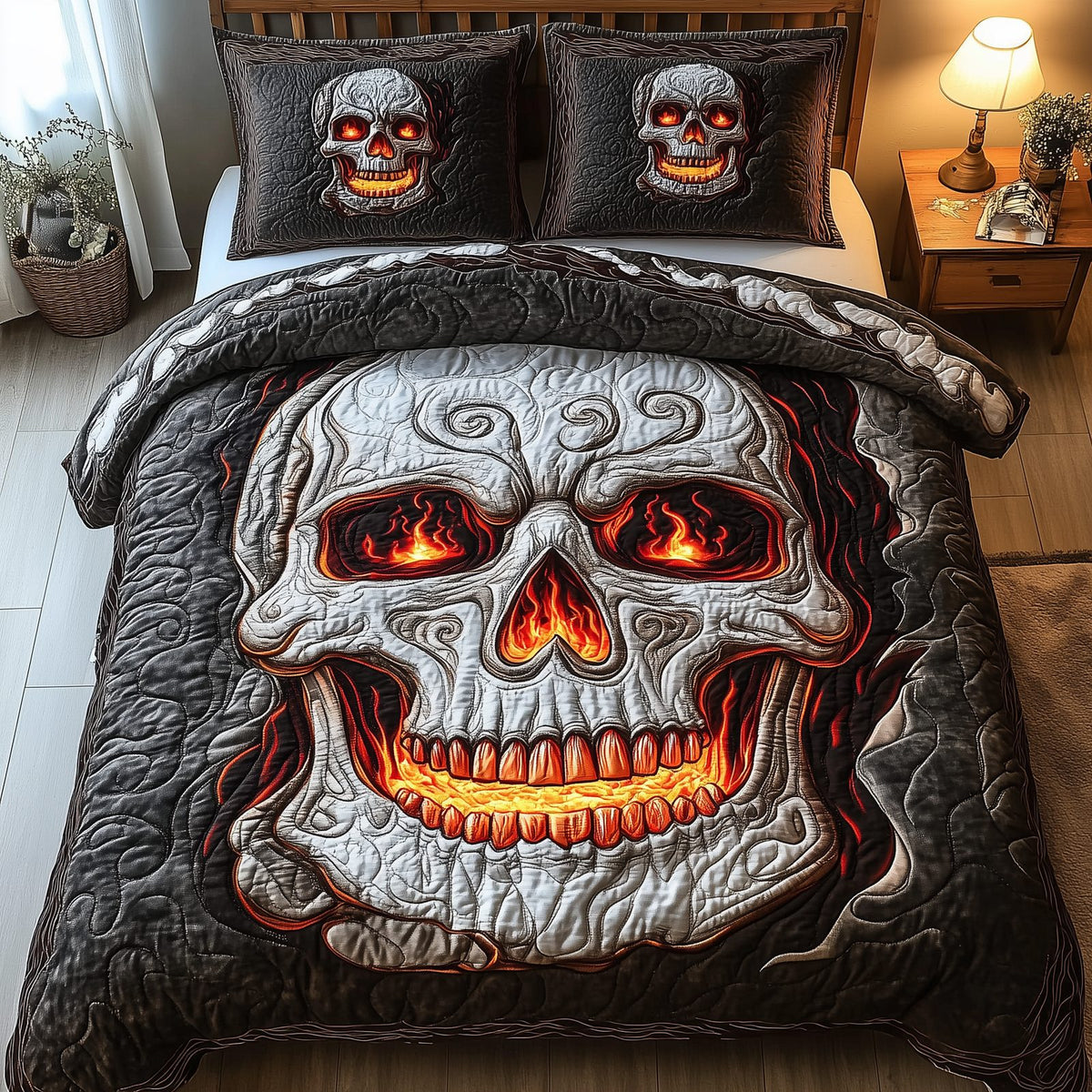 Lava Skull quilted 3-piece bedding set on a made bed against a dark styled interior