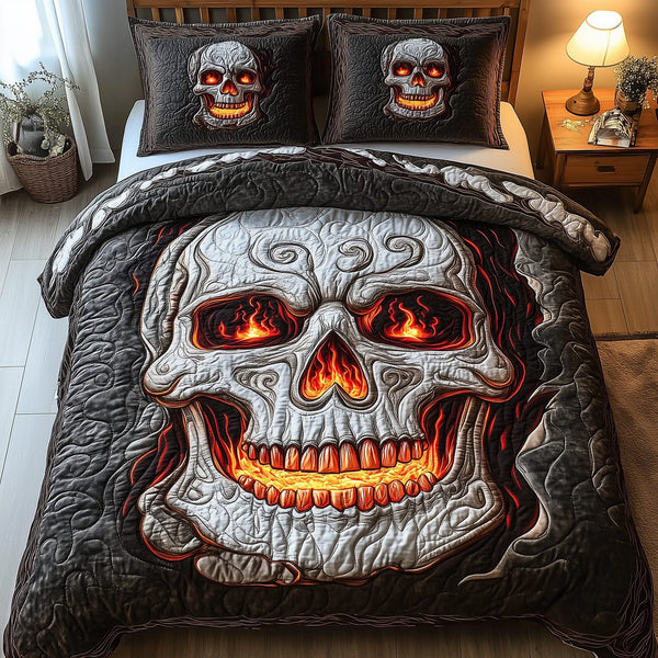 Lava Skull quilted 3-piece bedding set on a made bed against a dark styled interior