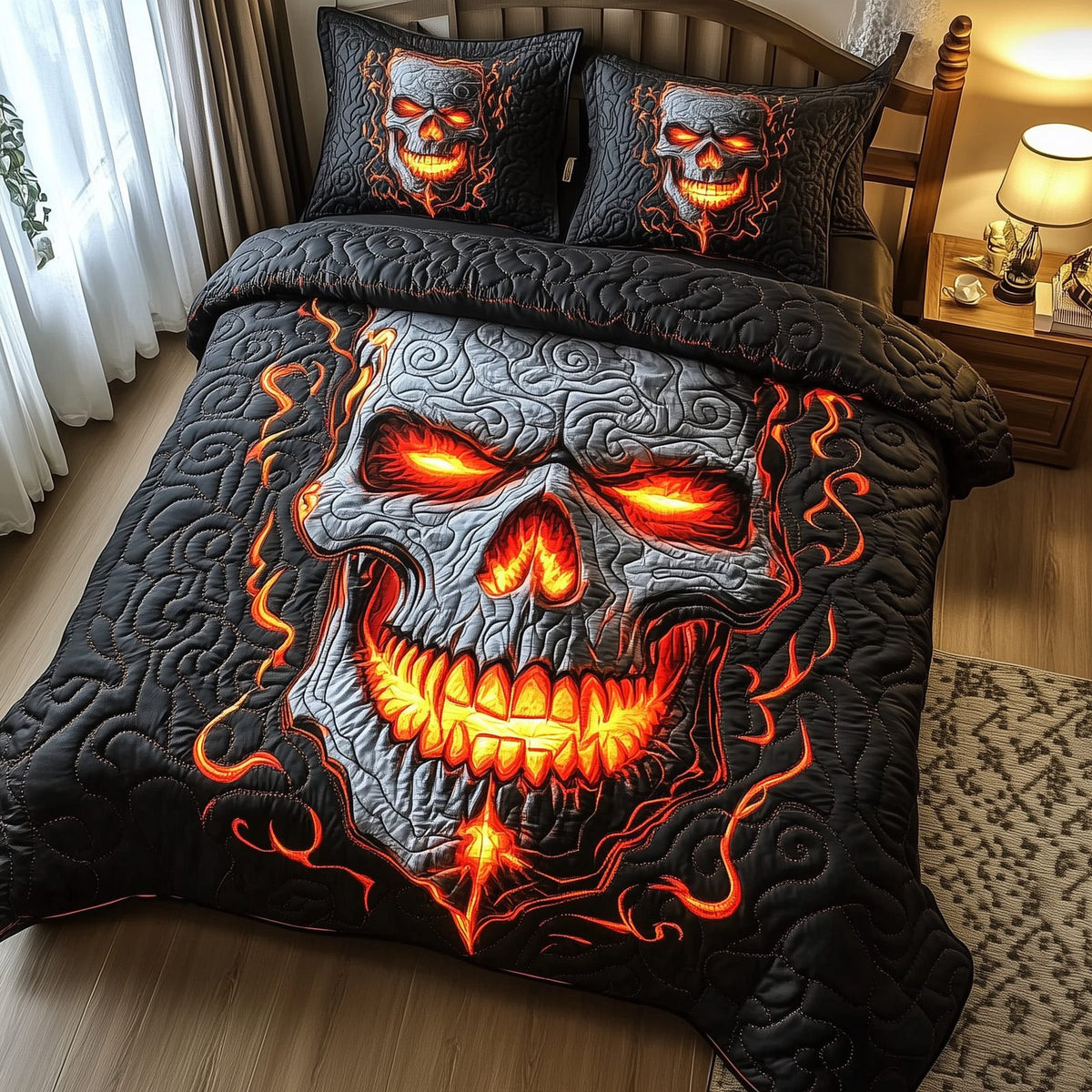 Lava Skull quilted 3-piece bedding set on a made bed against a dark styled interior