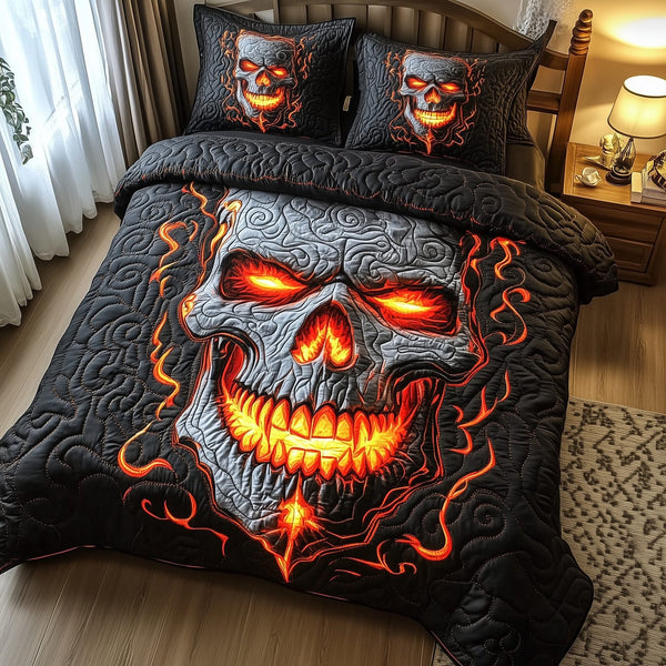 Lava Skull quilted 3-piece bedding set on a made bed against a dark styled interior