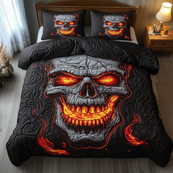 Lava Skull quilted 3-piece bedding set on a made bed against a dark styled interior