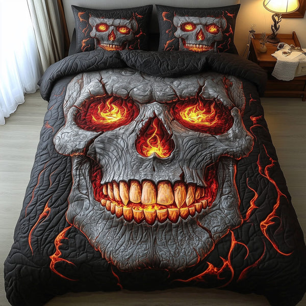 Lava Skull quilted 3-piece bedding set on a made bed against a dark styled interior