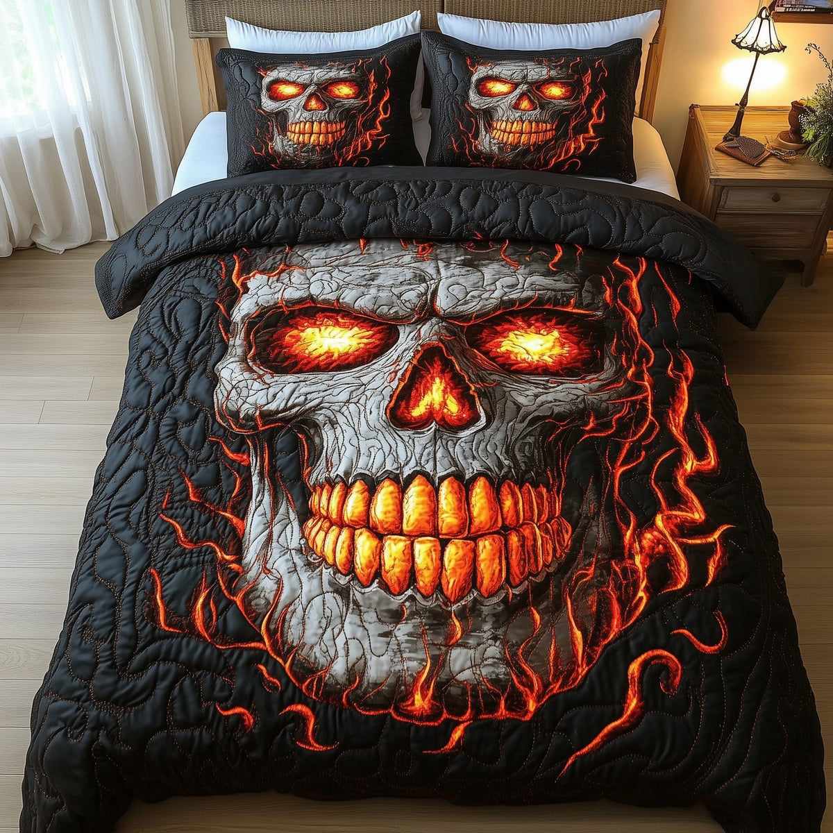 Lava Skull quilted 3-piece bedding set on a made bed against a dark styled interior