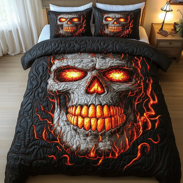 Lava Skull quilted 3-piece bedding set on a made bed against a dark styled interior