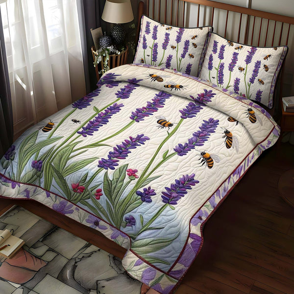 Lavender Bees Dance quilted 3-piece bedding set on a made bed with two matching pillow shams