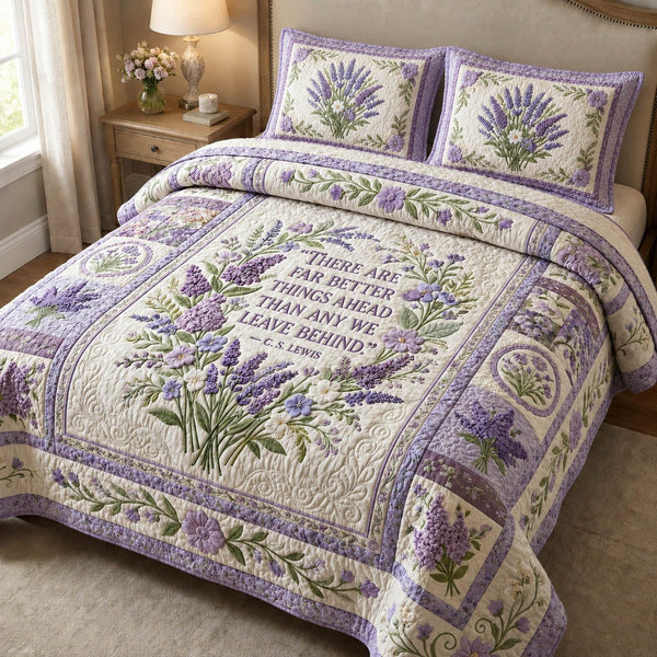 Lavender Bloom Faith quilted 3-piece bedding set on a made bed in a softly lit bedroom