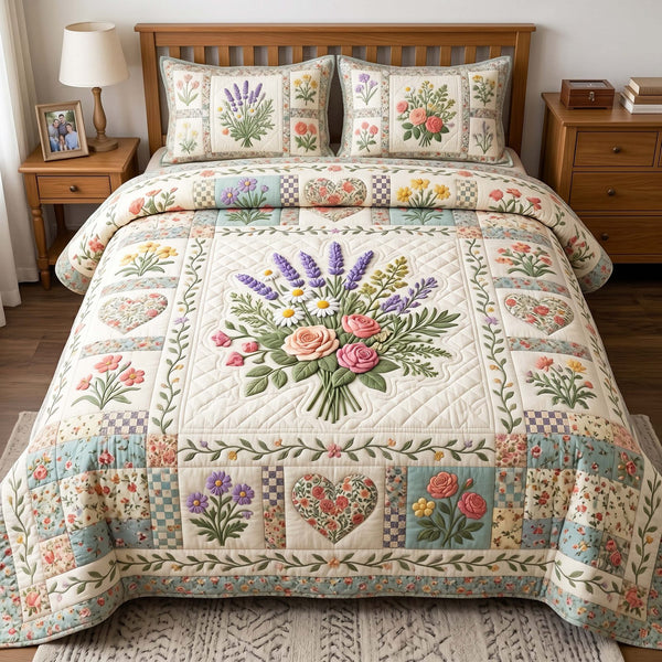 Lavender Bloom quilted 3-piece bedding set on a made bed with two matching pillow shams